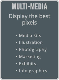 Multi-Media Display the best  pixels  • Media kits • Illustration • Photography • Marketing • Exhibits • Info graphics